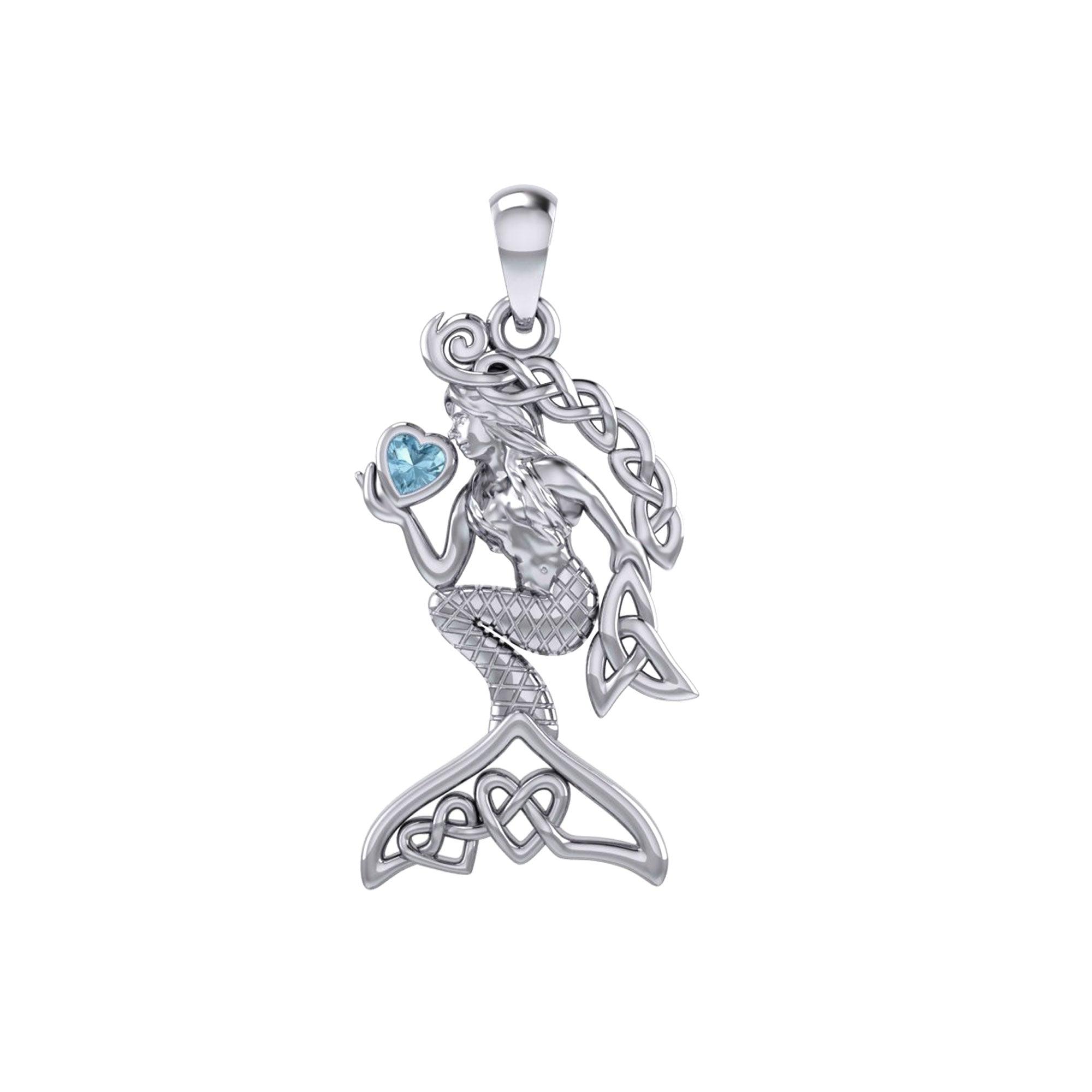 Celtic Mermaid with Heart Gemstone Silver Pendant TPD7006 - Jewelry