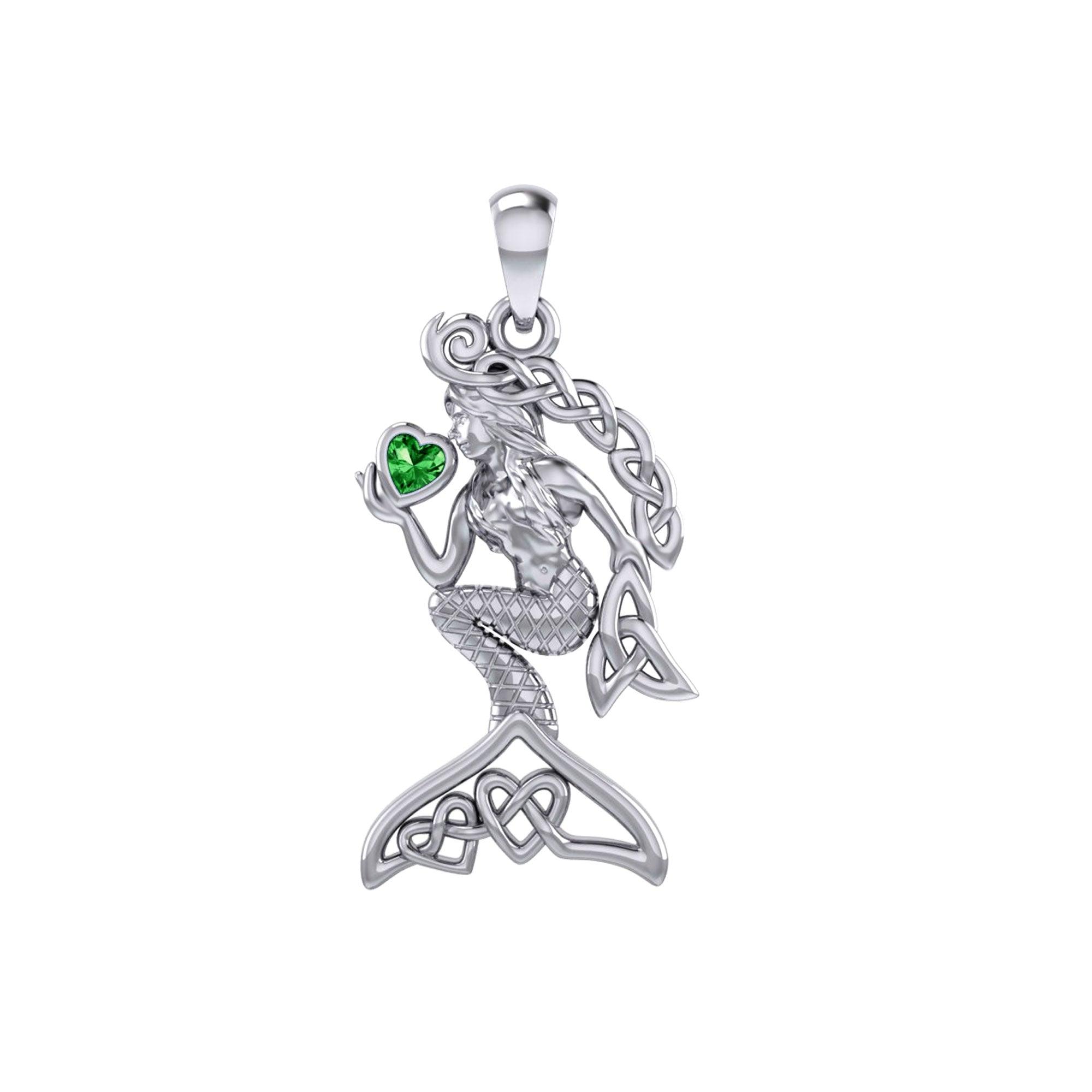 Celtic Mermaid with Heart Gemstone Silver Pendant TPD7006 - Jewelry