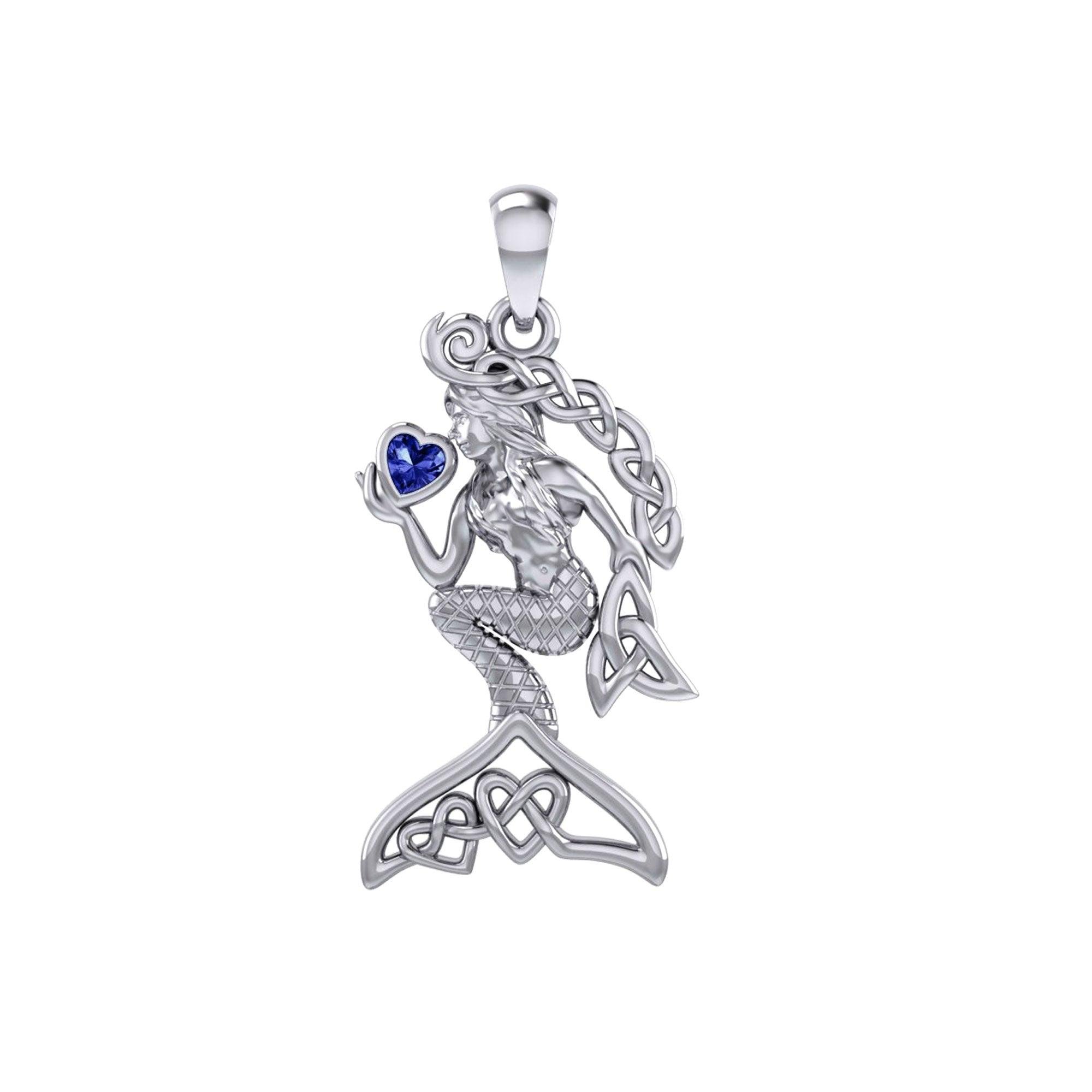 Celtic Mermaid with Heart Gemstone Silver Pendant TPD7006 - Jewelry