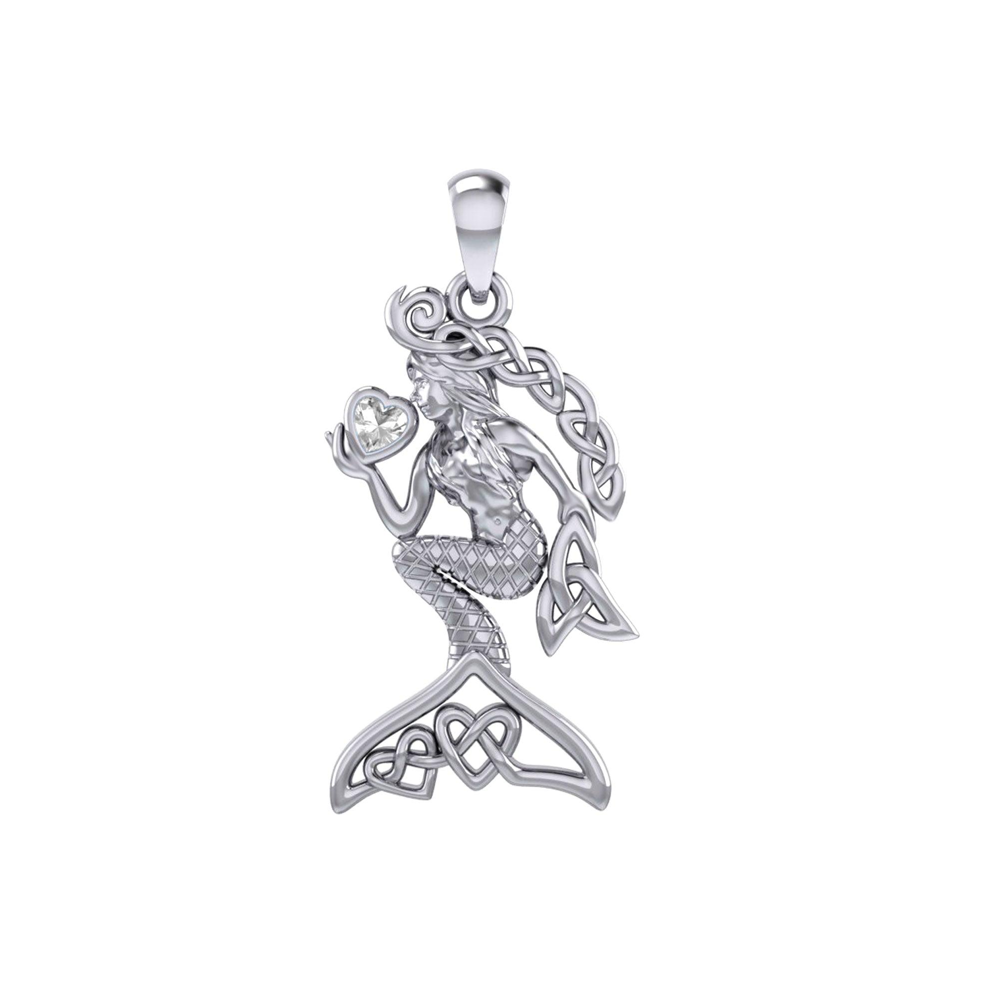 Celtic Mermaid with Heart Gemstone Silver Pendant TPD7006 - Jewelry