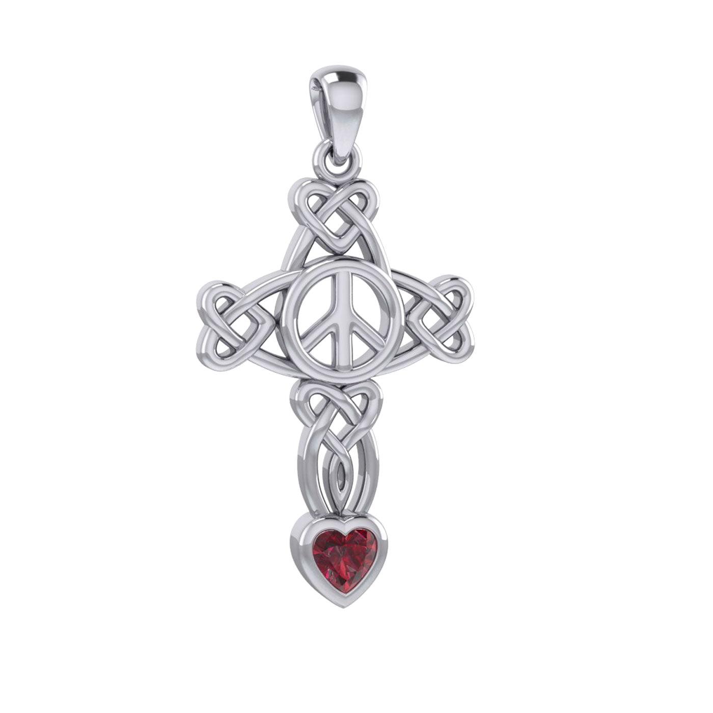Celtic Heart in Cross Shape with Peace Symbol Silver Pendant with Heart Gemstone TPD7007 - Jewelry