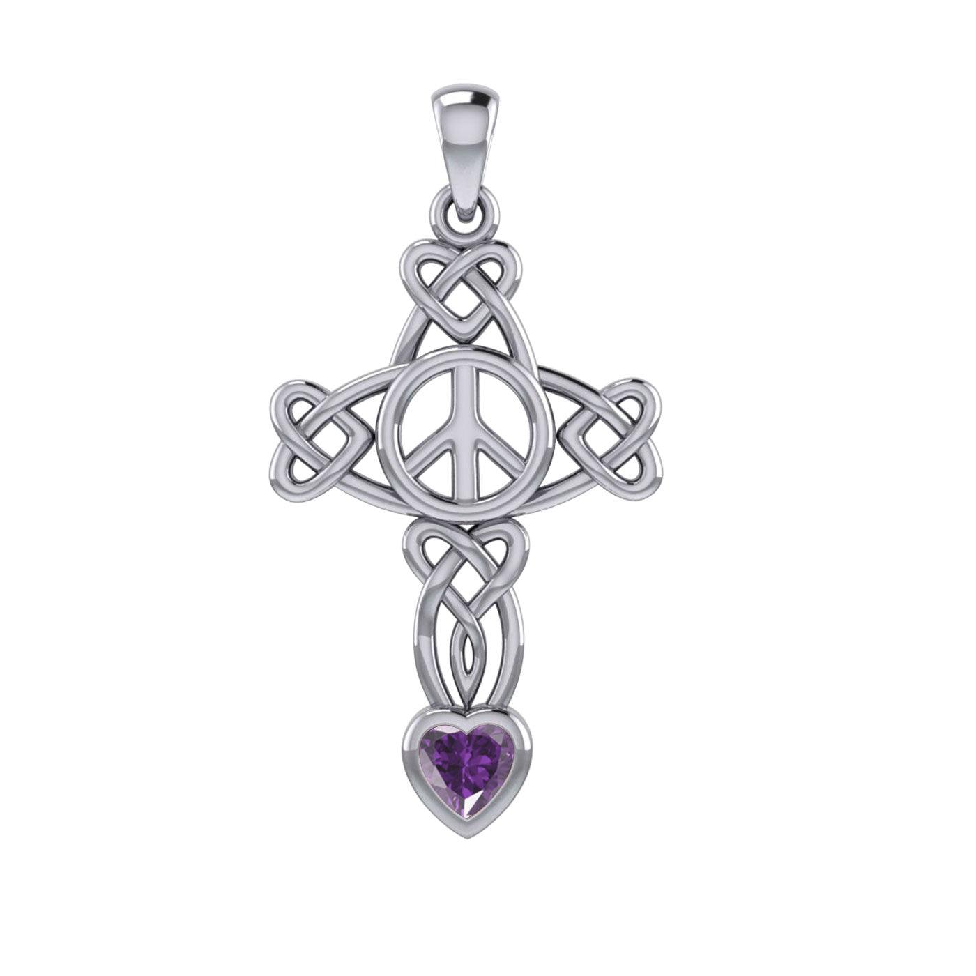 Celtic Heart in Cross Shape with Peace Symbol Silver Pendant with Heart Gemstone TPD7007 - Jewelry