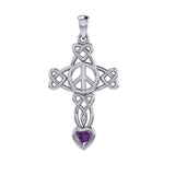 Celtic Heart in Cross Shape with Peace Symbol Silver Pendant with Heart Gemstone TPD7007 - Jewelry