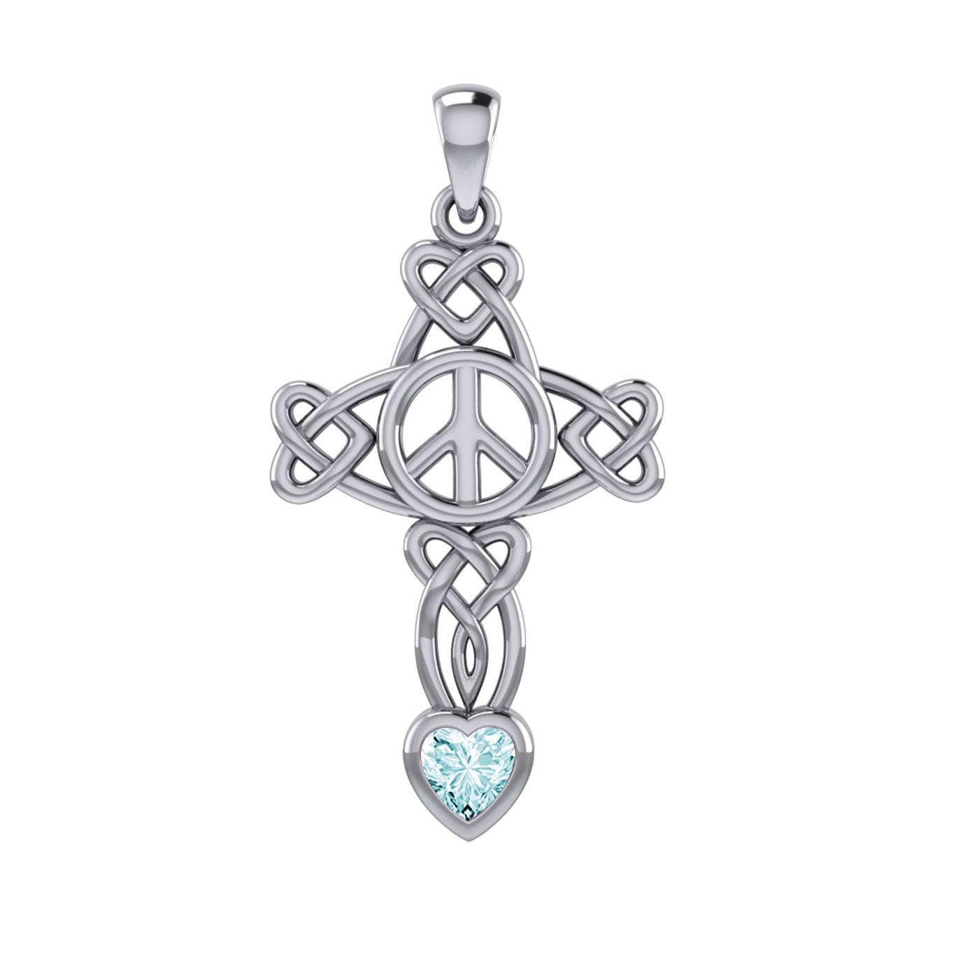 Celtic Heart in Cross Shape with Peace Symbol Silver Pendant with Heart Gemstone TPD7007 - Jewelry