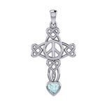 Celtic Heart in Cross Shape with Peace Symbol Silver Pendant with Heart Gemstone TPD7007 - Jewelry