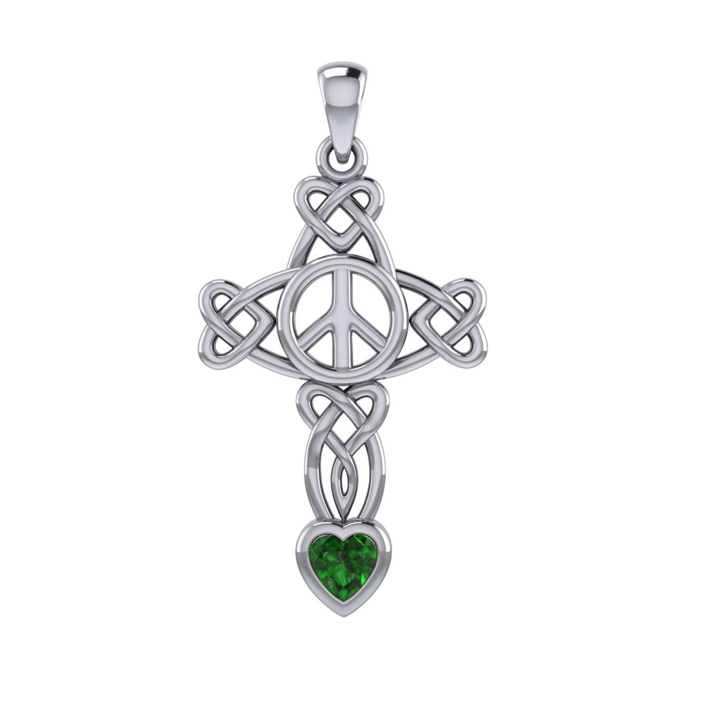 Celtic Heart in Cross Shape with Peace Symbol Silver Pendant with Heart Gemstone TPD7007 - Jewelry