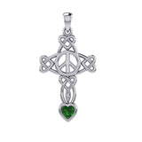 Celtic Heart in Cross Shape with Peace Symbol Silver Pendant with Heart Gemstone TPD7007 - Jewelry