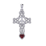 Celtic Heart in Cross Shape with Peace Symbol Silver Pendant with Heart Gemstone TPD7007 - Jewelry