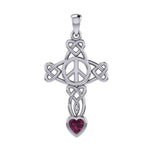 Celtic Heart in Cross Shape with Peace Symbol Silver Pendant with Heart Gemstone TPD7007 - Jewelry