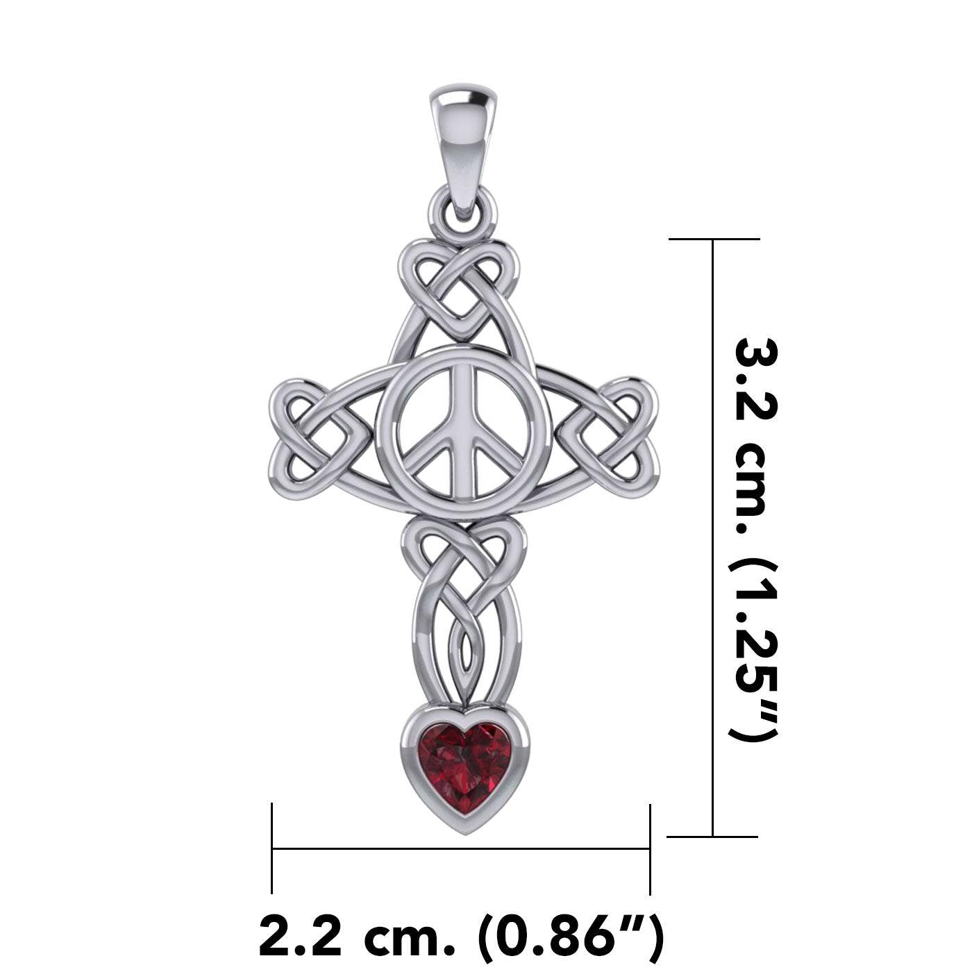 Celtic Heart in Cross Shape with Peace Symbol Silver Pendant with Heart Gemstone TPD7007 - Jewelry