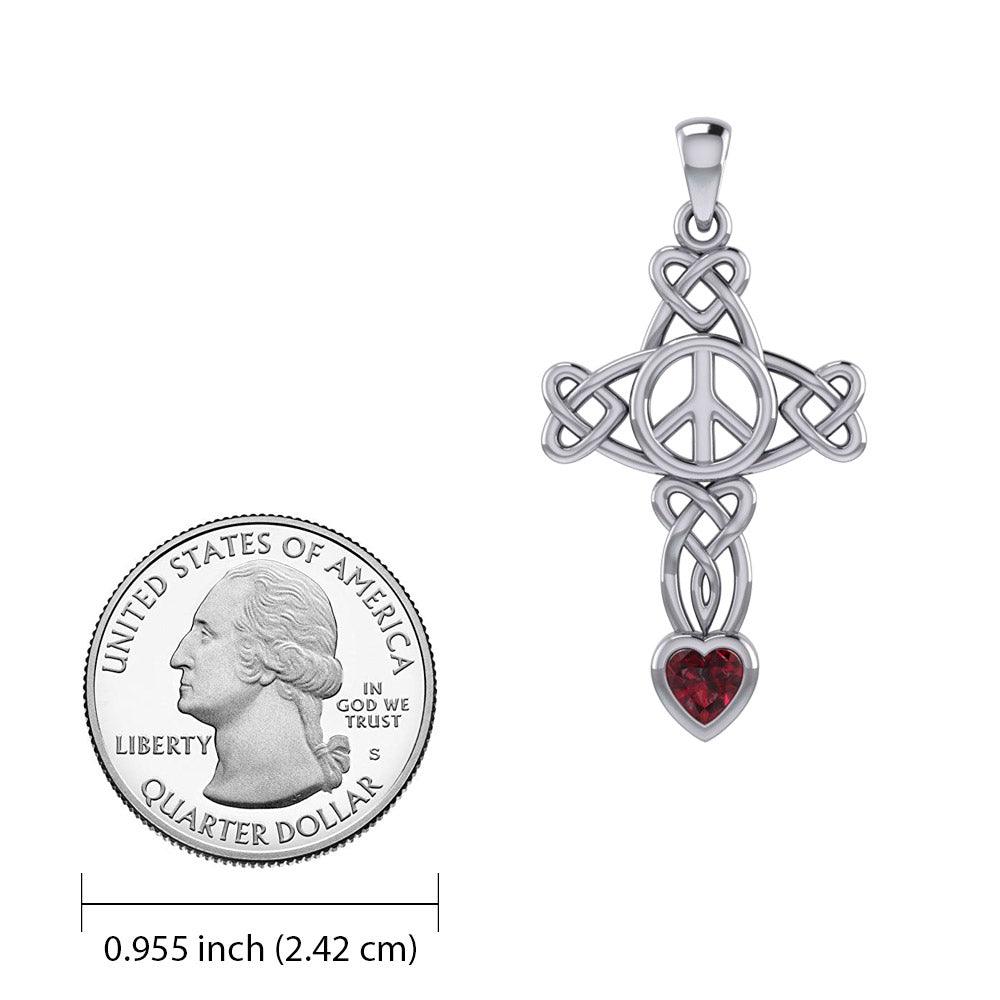 Celtic Heart in Cross Shape with Peace Symbol Silver Pendant with Heart Gemstone TPD7007 - Jewelry