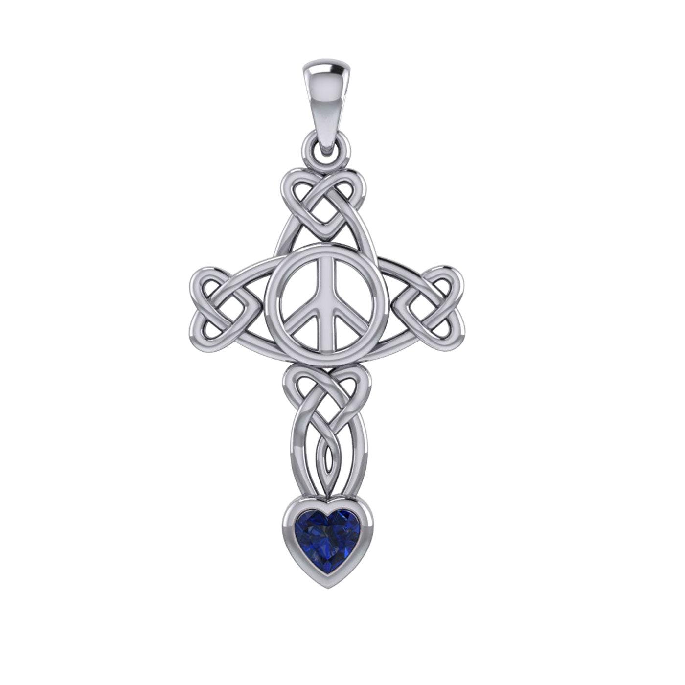 Celtic Heart in Cross Shape with Peace Symbol Silver Pendant with Heart Gemstone TPD7007 - Jewelry