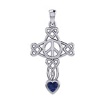 Celtic Heart in Cross Shape with Peace Symbol Silver Pendant with Heart Gemstone TPD7007 - Jewelry