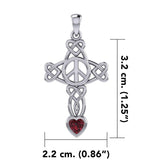 Celtic Heart in Cross Shape with Peace Symbol Silver Pendant with Heart Gemstone TPD7007 - Jewelry