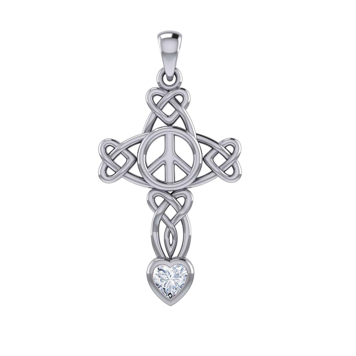Celtic Heart in Cross Shape with Peace Symbol Silver Pendant with Heart Gemstone TPD7007 - Jewelry