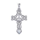 Celtic Heart in Cross Shape with Peace Symbol Silver Pendant with Heart Gemstone TPD7007 - Jewelry