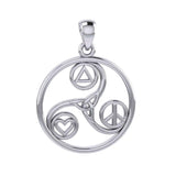 Celtic Triskele with Peace Heart and Recovery Symbols Sterling Silver Pendant TPD7016