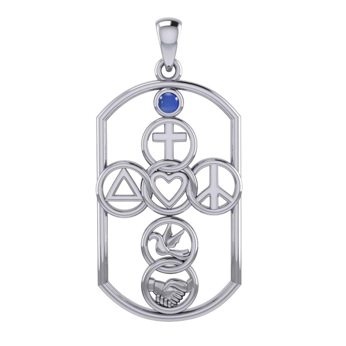 Cross with Love Peace Dove and handshake Silver Pendant with Gemstone TPD7023 - Jewelry