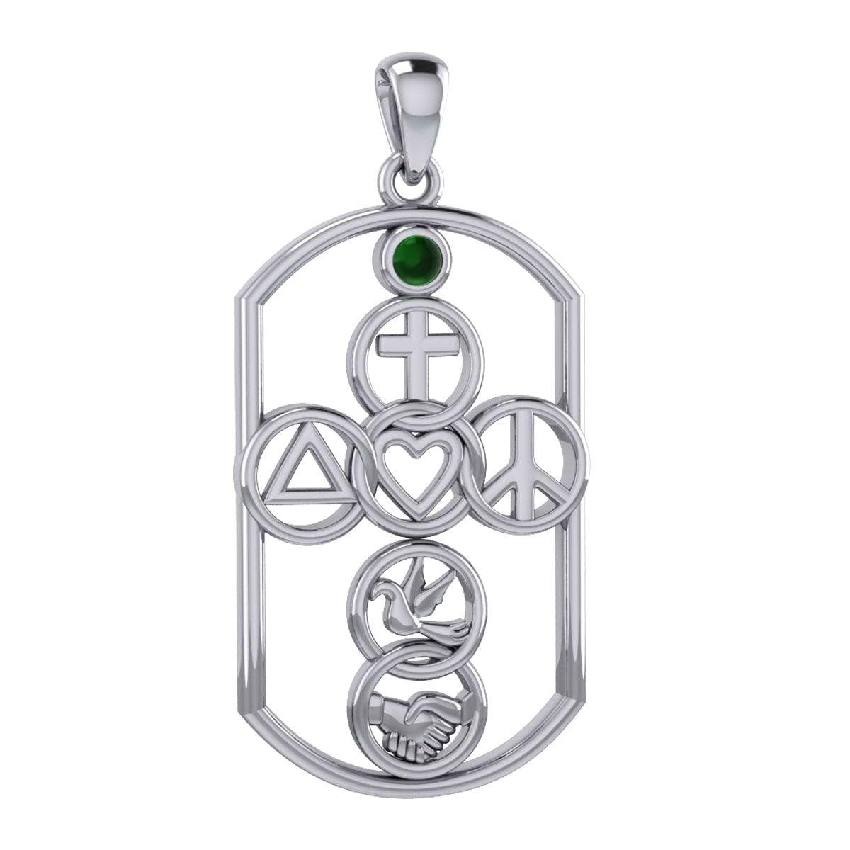Cross with Love Peace Dove and handshake Silver Pendant with Gemstone TPD7023 - Jewelry