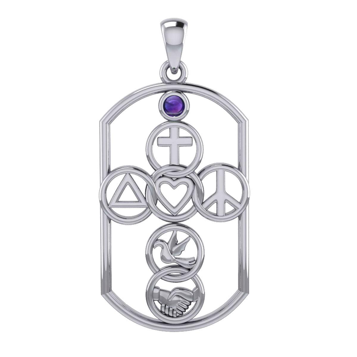Cross with Love Peace Dove and handshake Silver Pendant with Gemstone TPD7023 - Jewelry