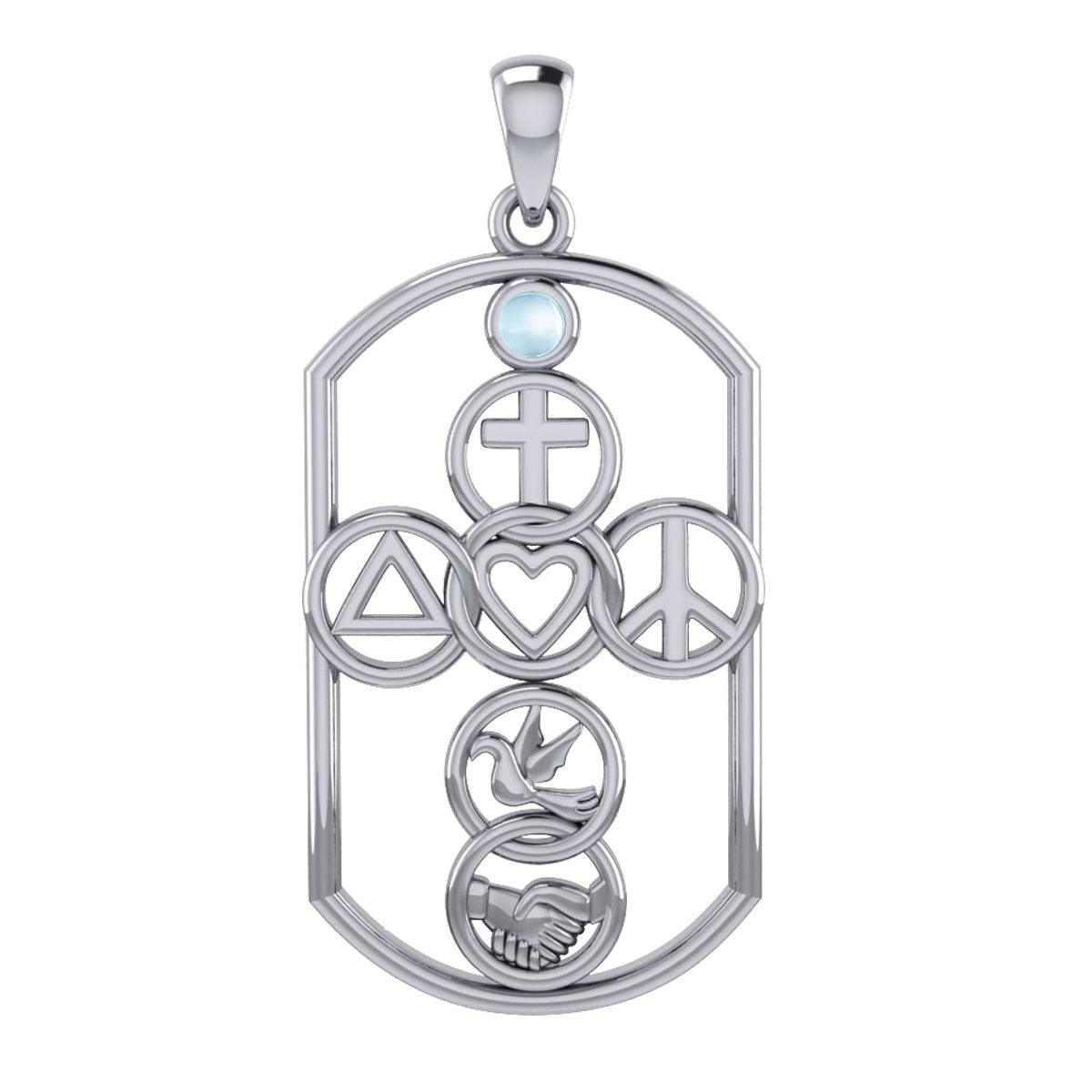 Cross with Love Peace Dove and handshake Silver Pendant with Gemstone TPD7023 - Jewelry