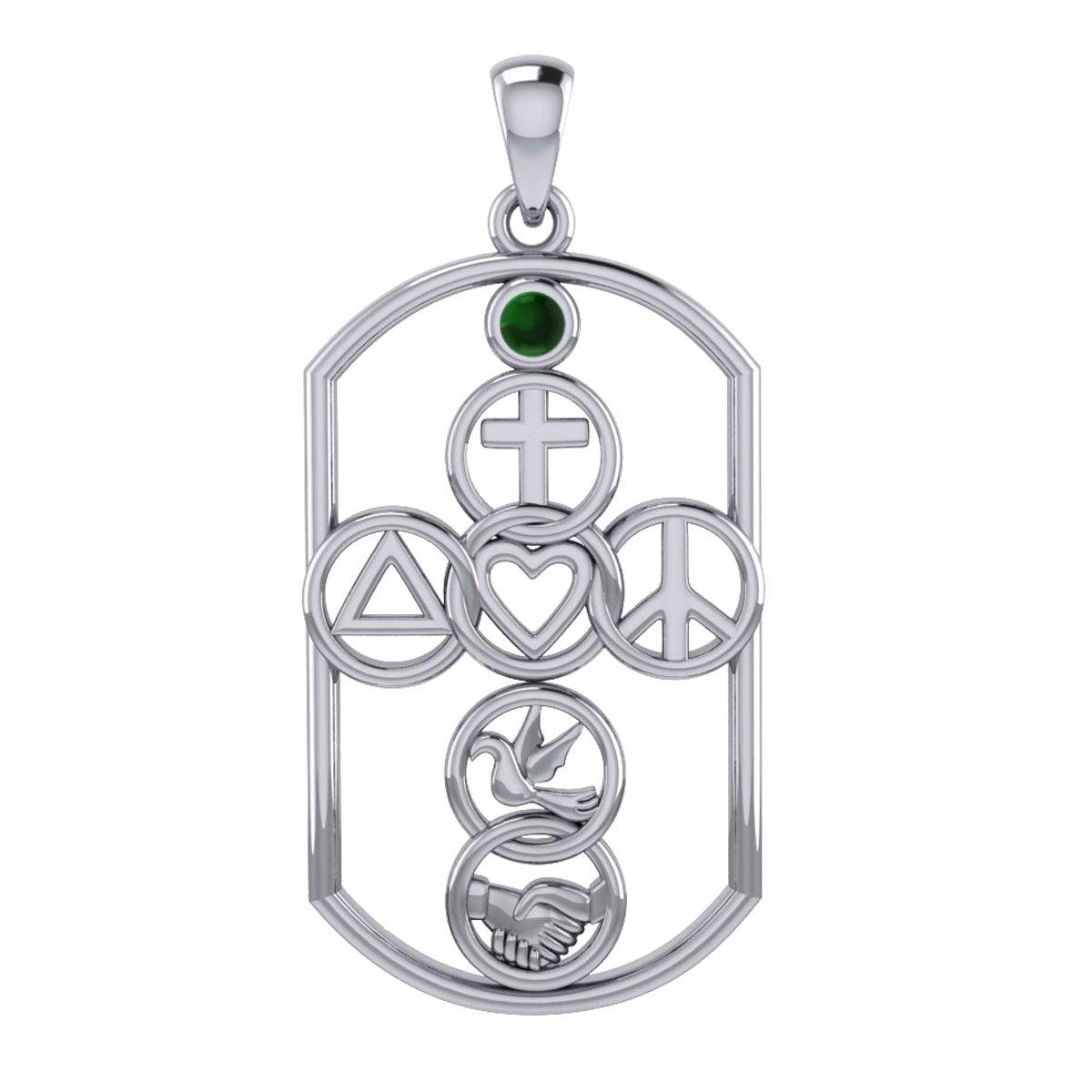 Cross with Love Peace Dove and handshake Silver Pendant with Gemstone TPD7023 - Jewelry