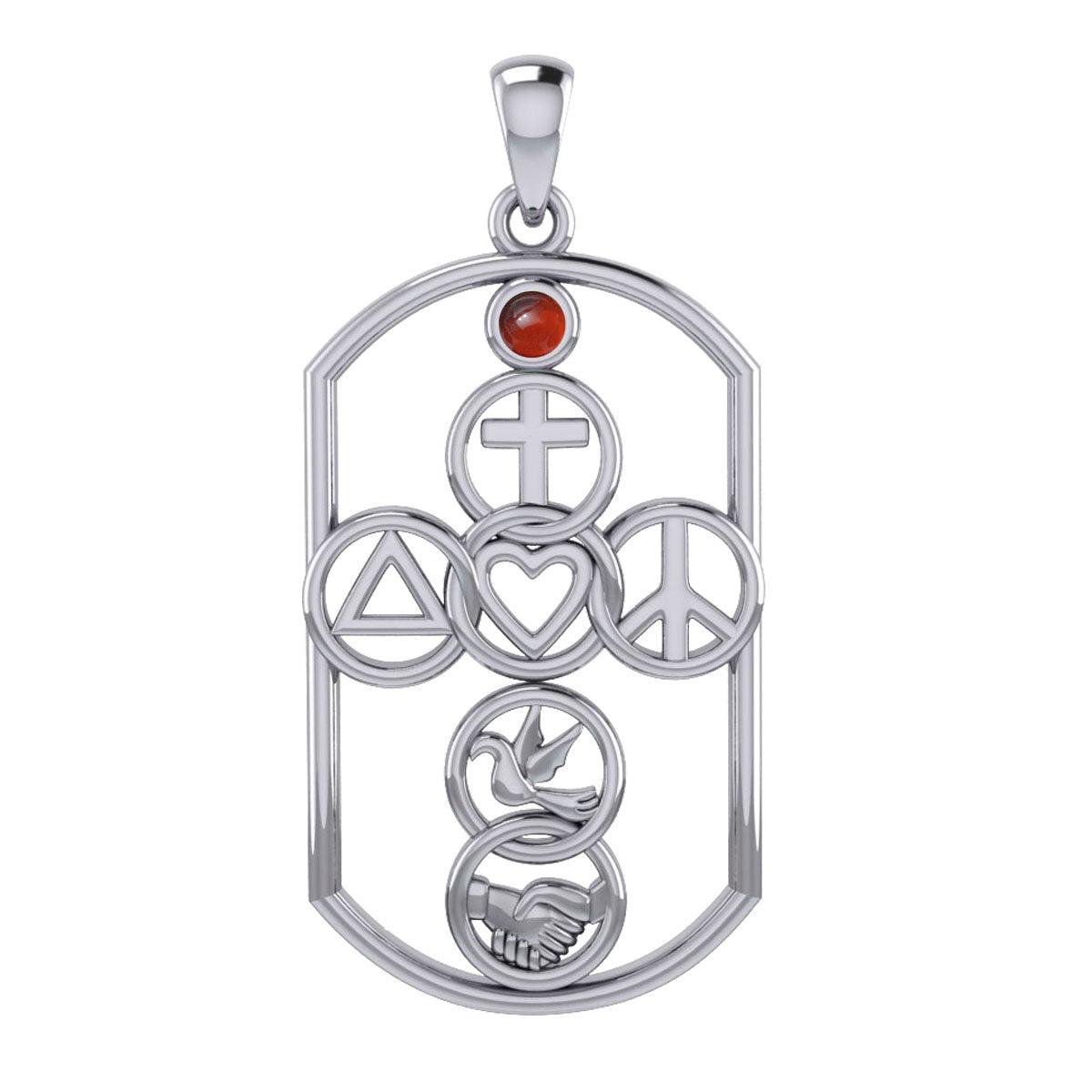 Cross with Love Peace Dove and handshake Silver Pendant with Gemstone TPD7023 - Jewelry