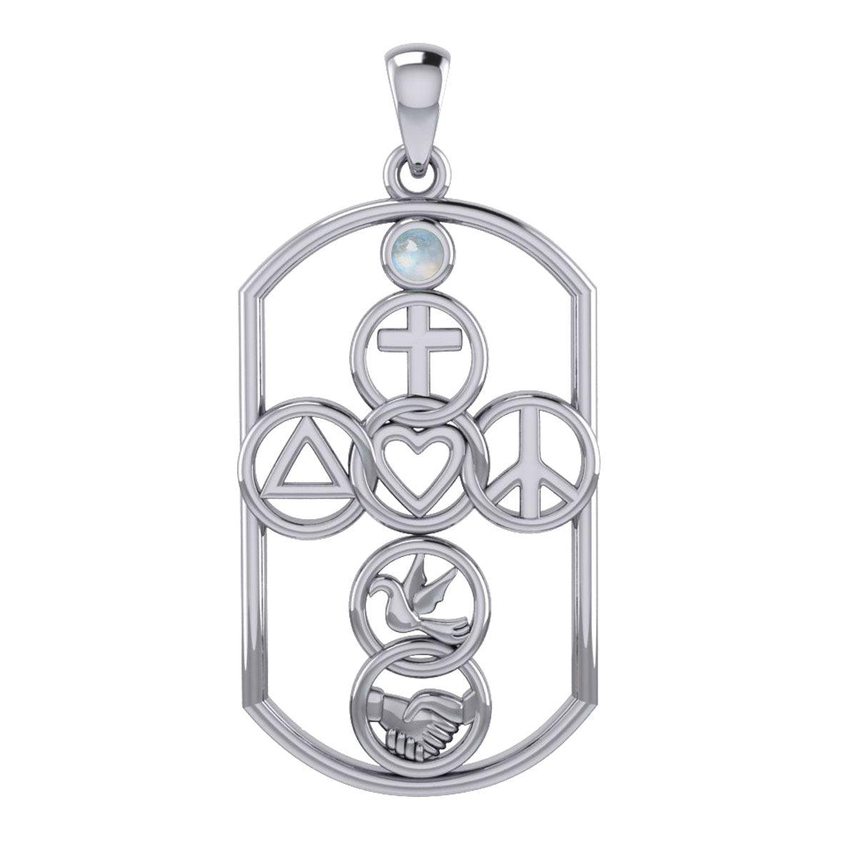 Cross with Love Peace Dove and handshake Silver Pendant with Gemstone TPD7023 - Jewelry
