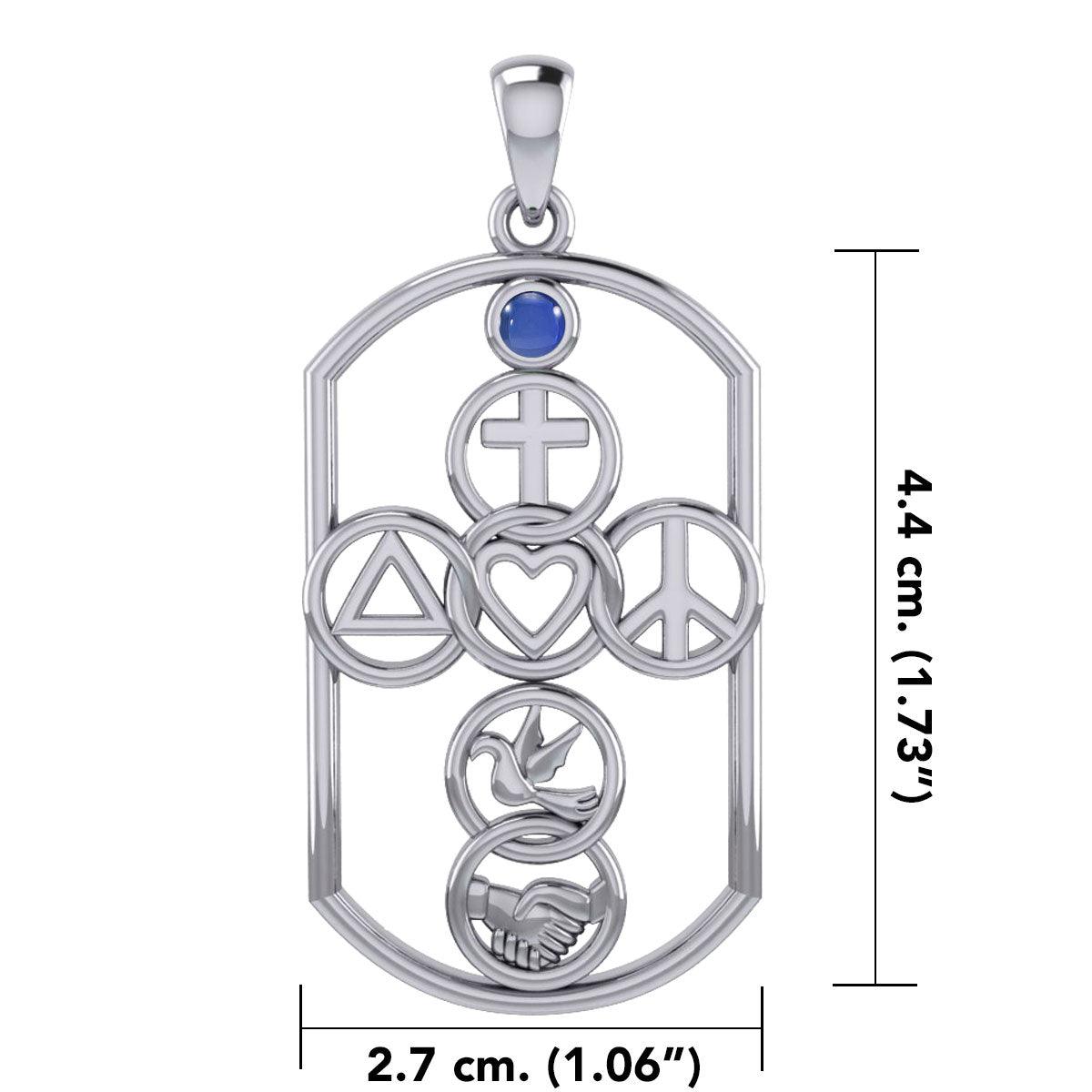 Cross with Love Peace Dove and handshake Silver Pendant with Gemstone TPD7023 - Jewelry