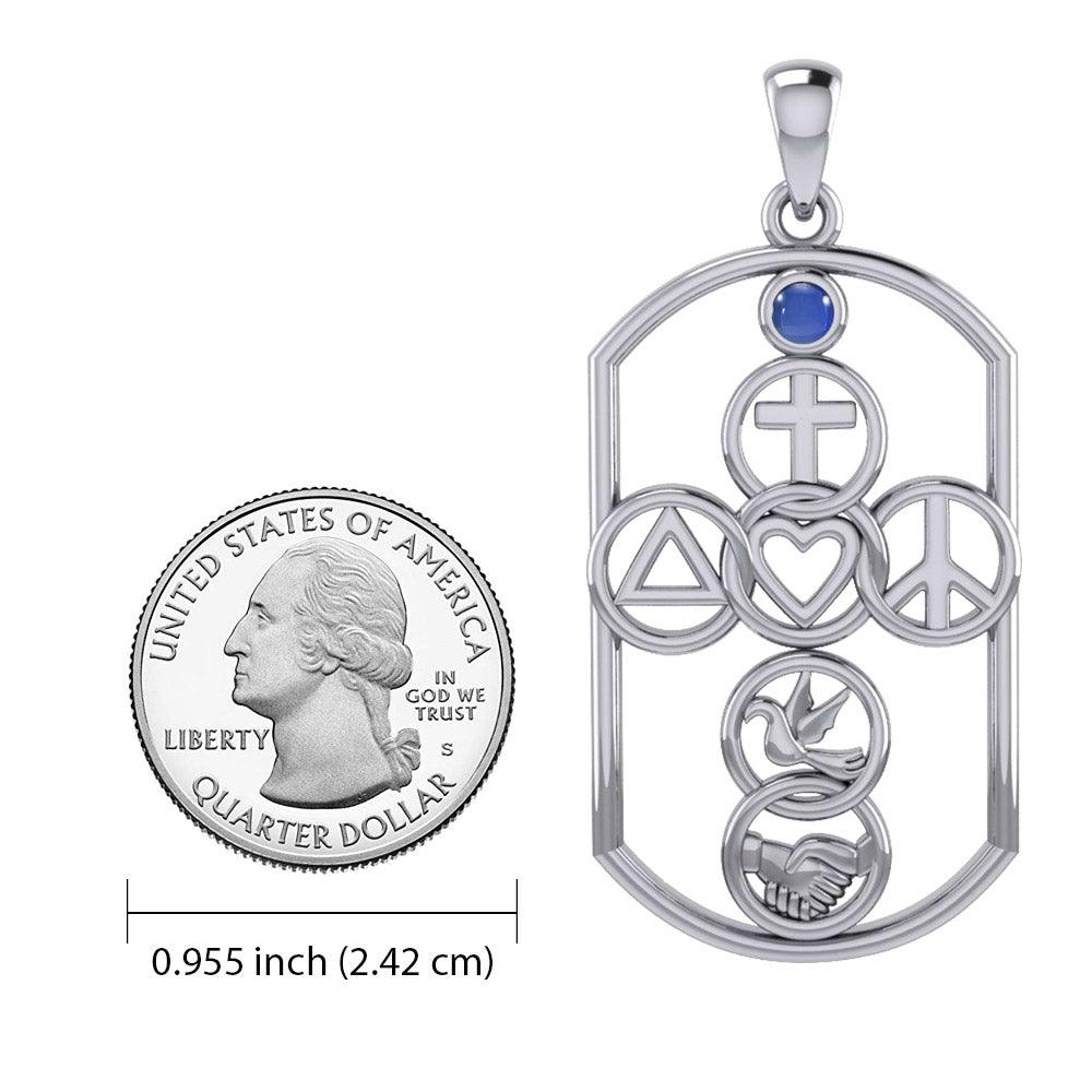 Cross with Love Peace Dove and handshake Silver Pendant with Gemstone TPD7023 - Jewelry