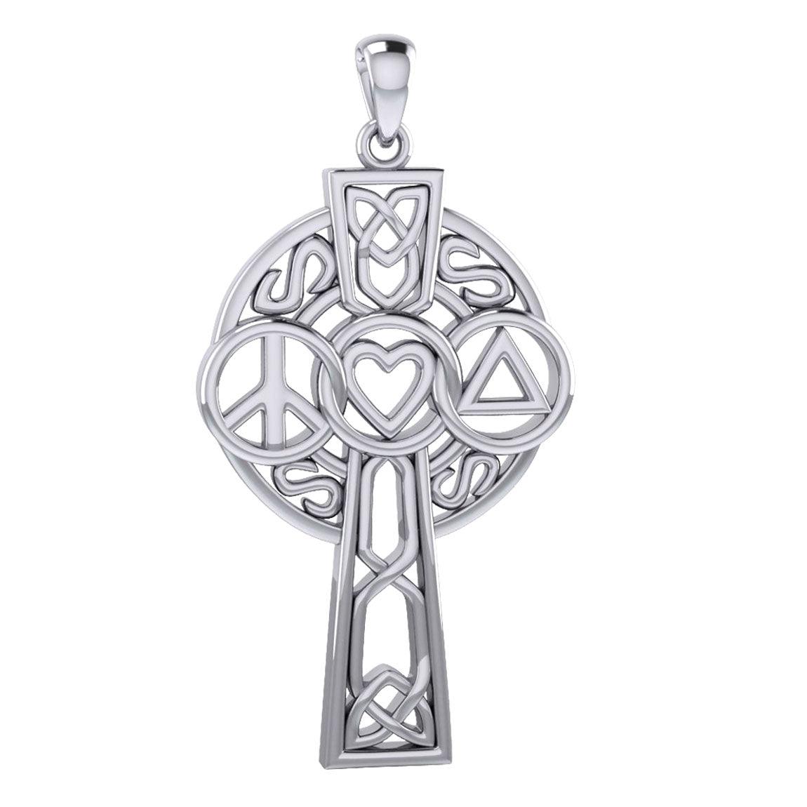 Large Celtic Cross with Heart Peace and Recovery Symbols Silver Pendant TPD7024 - Jewelry