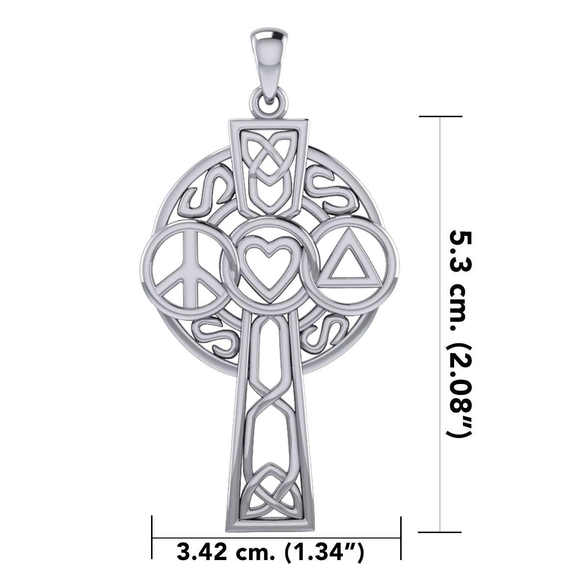 Large Celtic Cross with Heart Peace and Recovery Symbols Silver Pendant TPD7024 - Jewelry