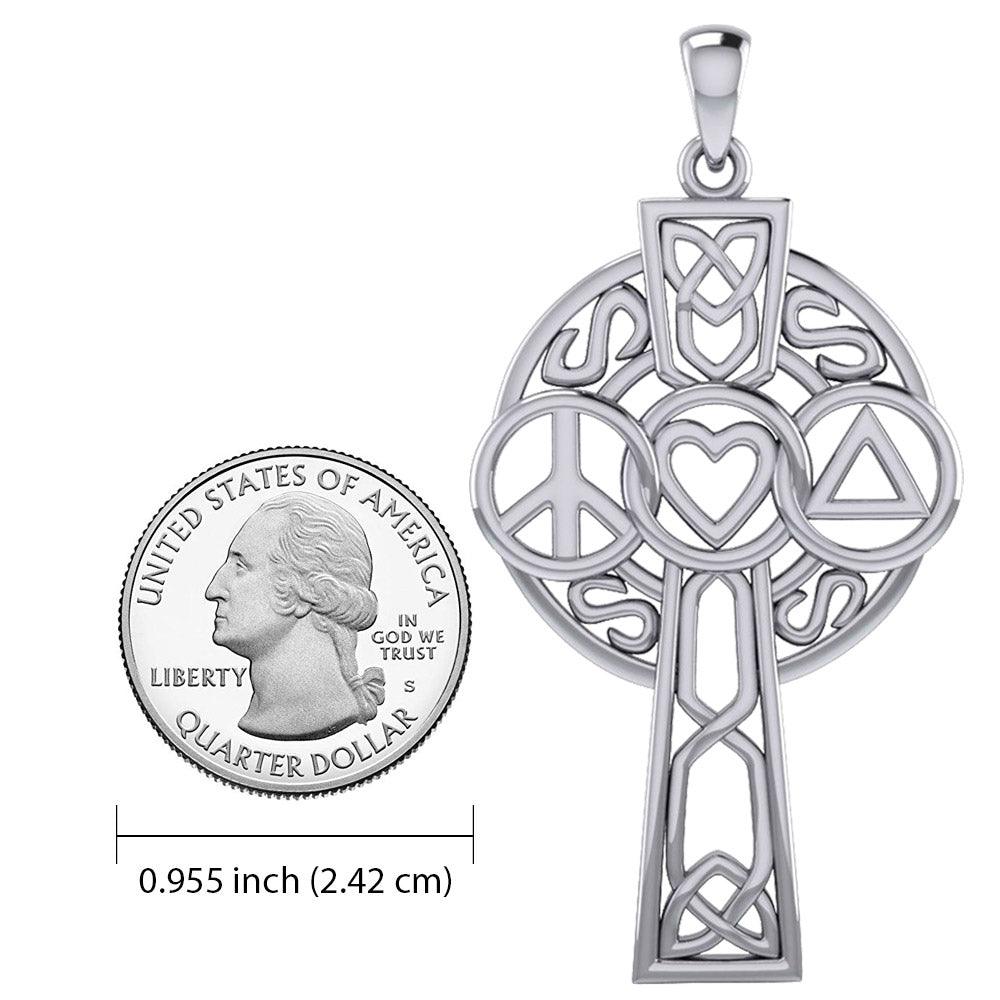 Large Celtic Cross with Heart Peace and Recovery Symbols Silver Pendant TPD7024 - Jewelry