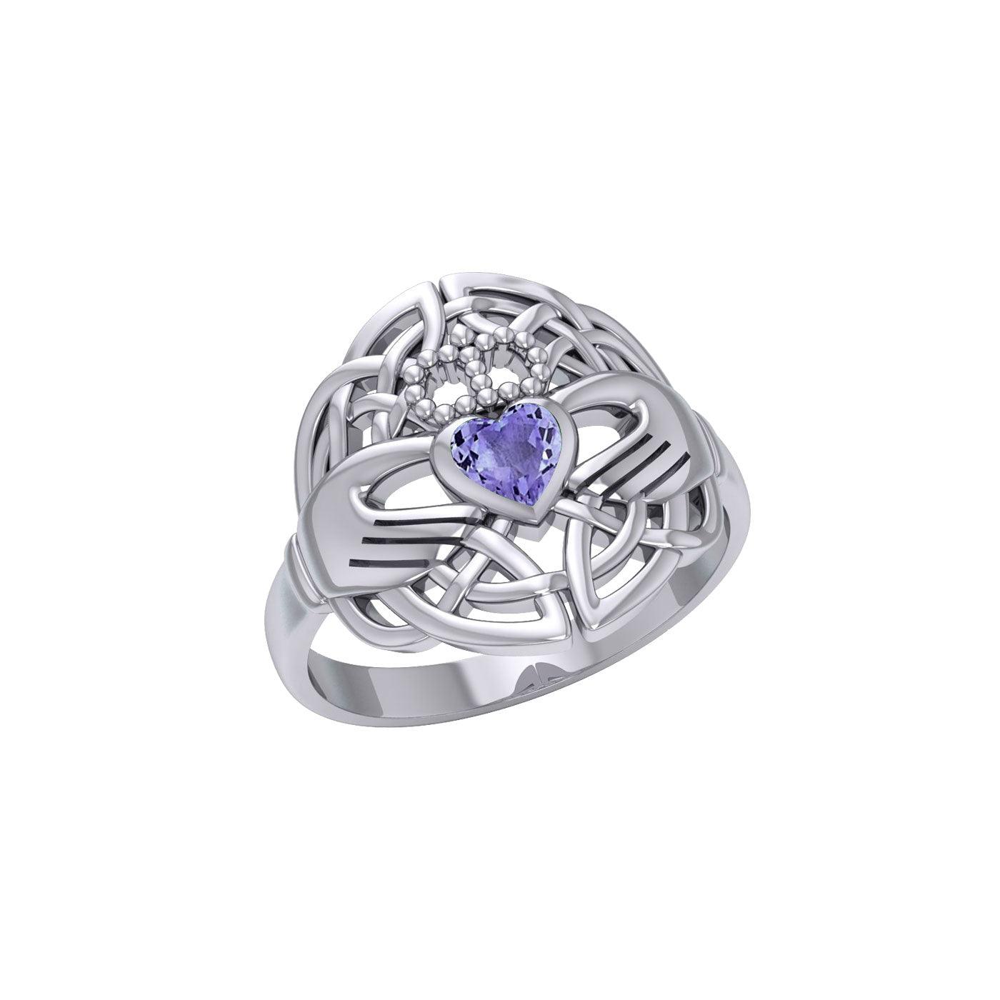 Celtic Claddagh Knotwork Sterling Silver Ring with Gemstone TR1876 - Jewelry