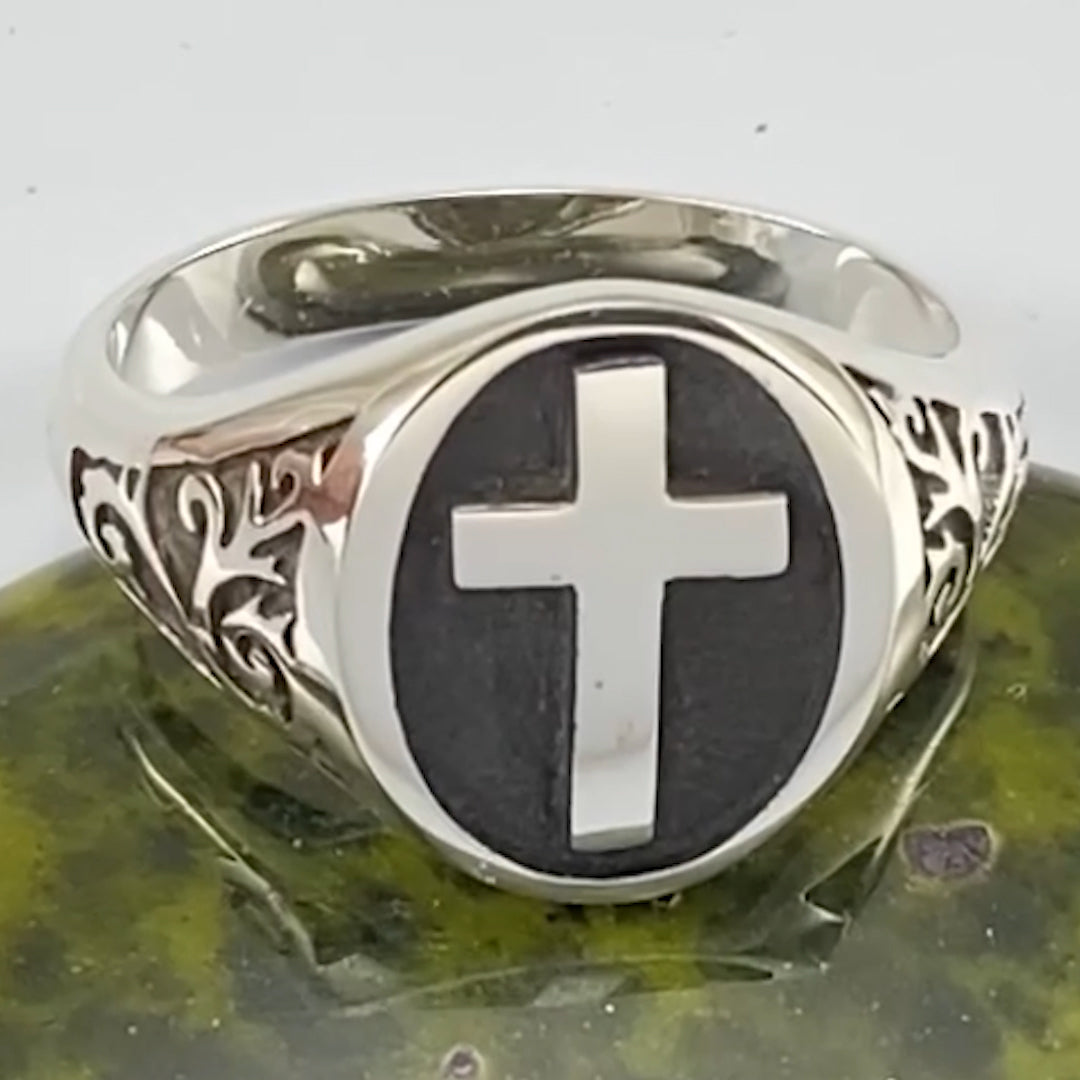 Modern Cross Sterling Silver Signet Men Ring TRI1963