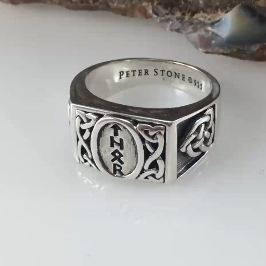 Viking God Thor Runic Silver Signet Men Ring with Triquetra Design TRI1972