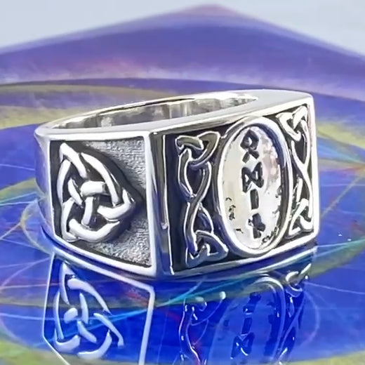 Viking God Odin Runic Silver Signet Men Ring with Triquetra Design TRI1973