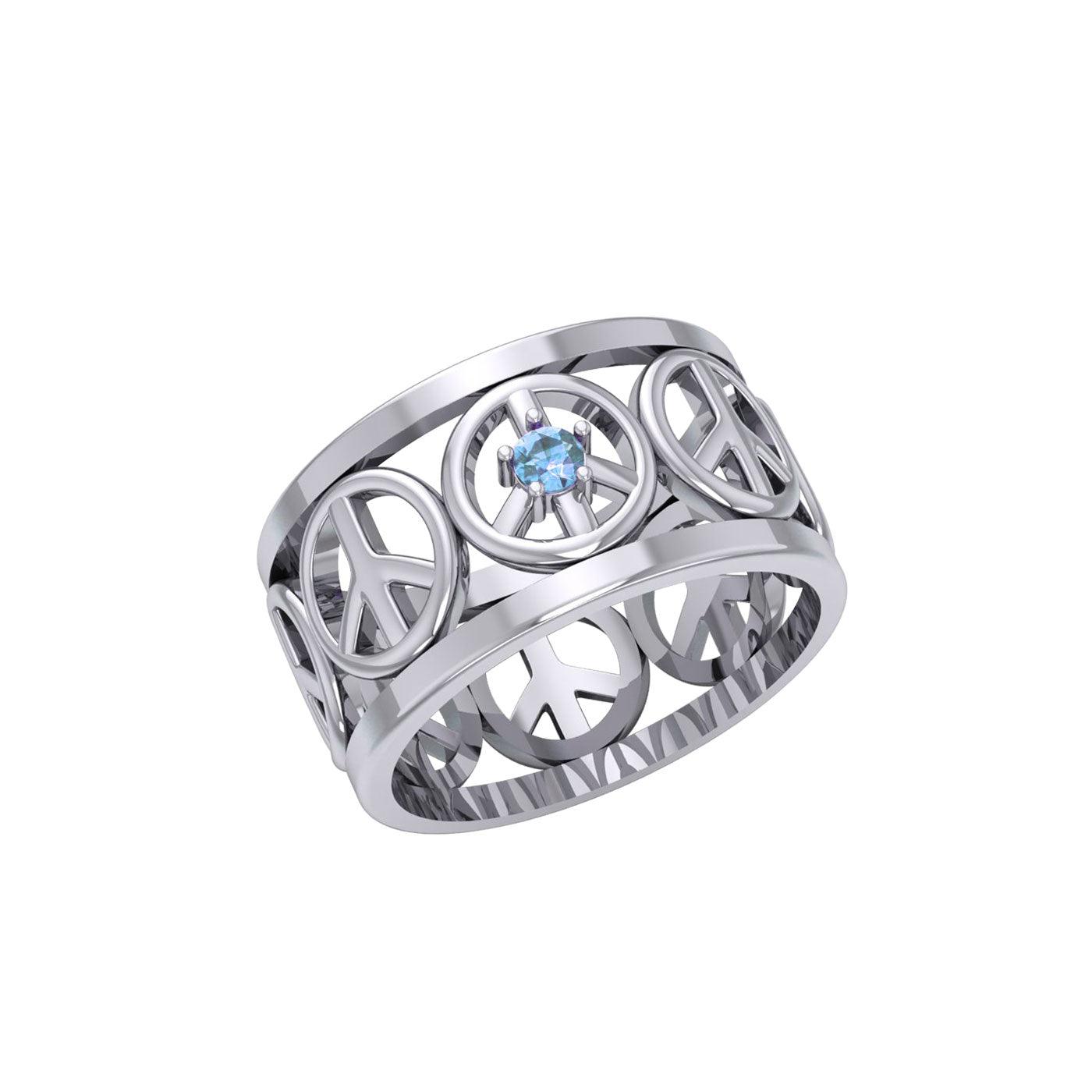 Peace Symbols Silver Band Ring With Gemstone TRI2402 - Jewelry