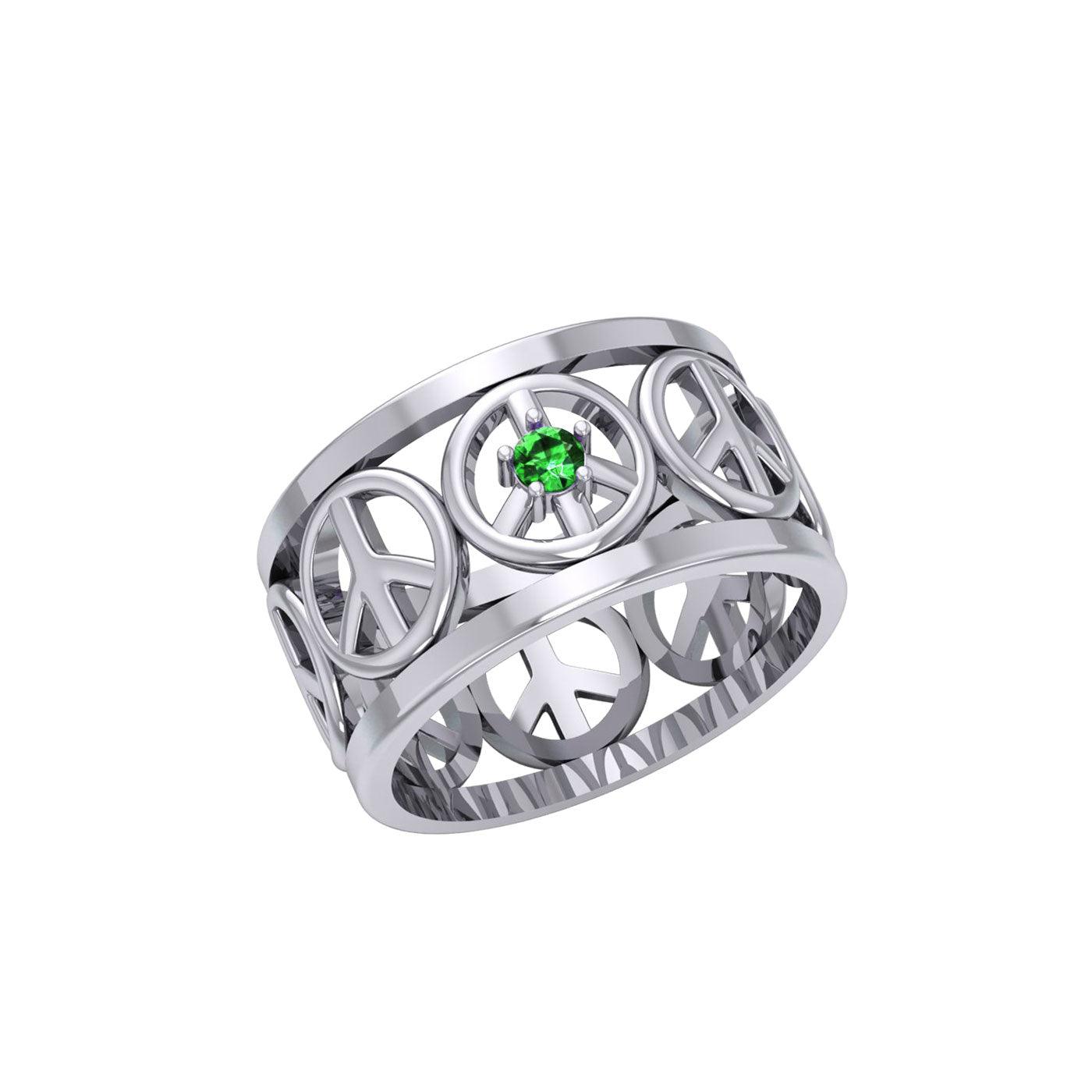 Peace Symbols Silver Band Ring With Gemstone TRI2402 - Jewelry