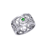 Peace Symbols Silver Band Ring With Gemstone TRI2402 - Jewelry