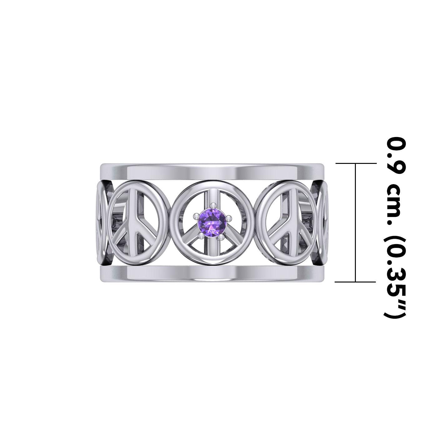 Peace Symbols Silver Band Ring With Gemstone TRI2402 - Jewelry