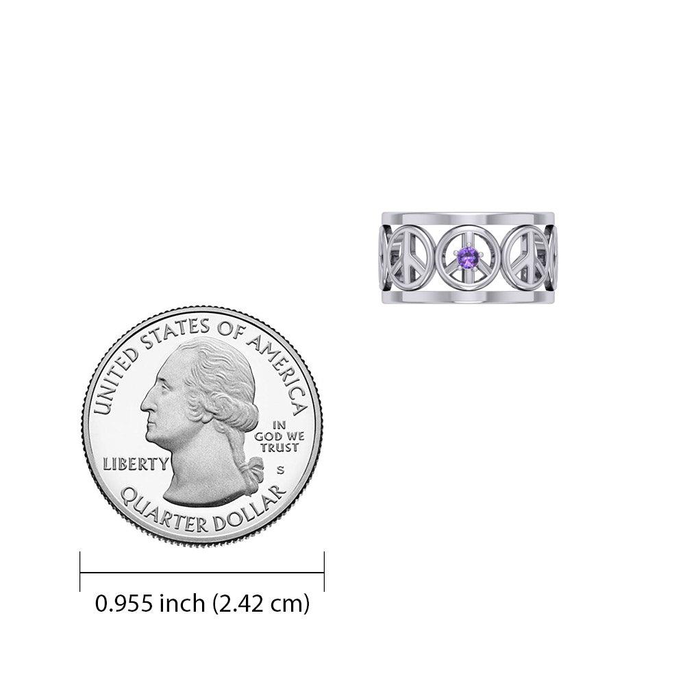 Peace Symbols Silver Band Ring With Gemstone TRI2402 - Jewelry