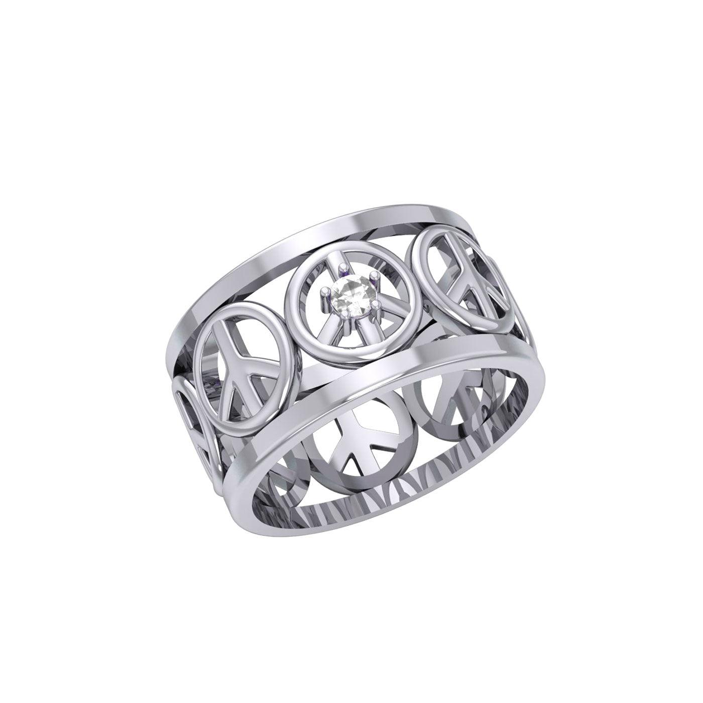 Peace Symbols Silver Band Ring With Gemstone TRI2402 - Jewelry