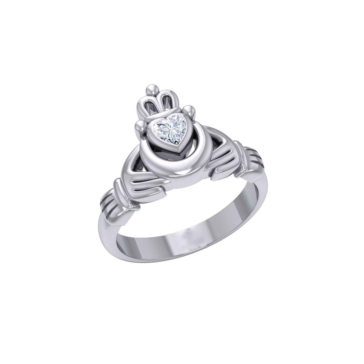 Claddagh with Crescent Moon Silver Ring with Heart Gemstone TRI2410 - Jewelry