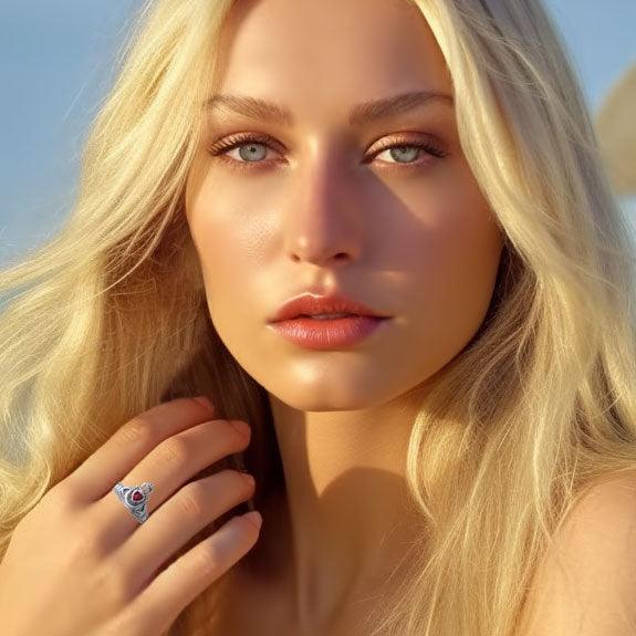 Claddagh with Crescent Moon Silver Ring with Heart Gemstone TRI2410 - Jewelry