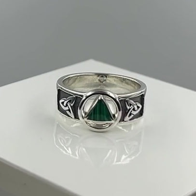 Silver Celtic Trinity Knot Men Ring with Inlaid Recovery Symbol TRI2434