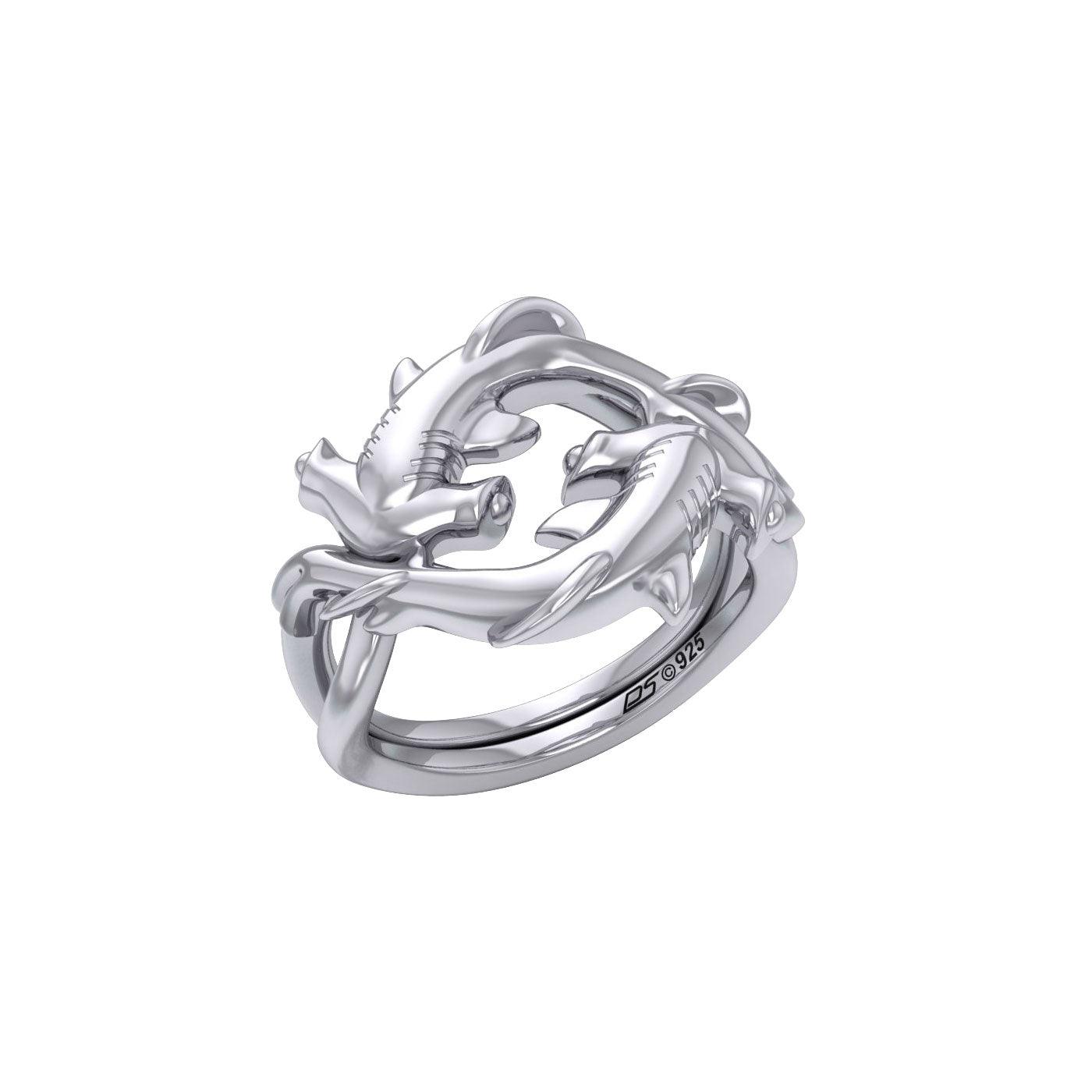 Enigma Fusion Sterling Silver Double-Hammer Headed Shark Puzzle Ring by Peter Stone TRI2470 - Jewelry