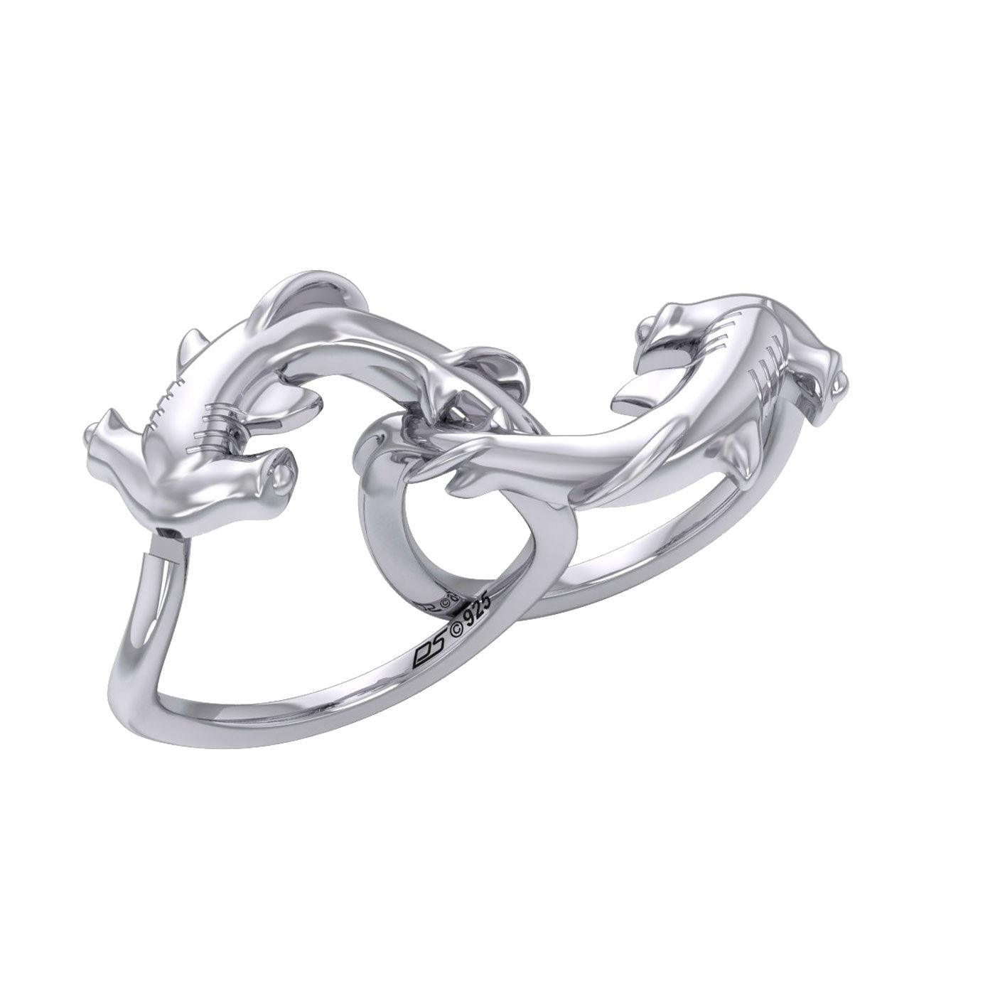 Enigma Fusion Sterling Silver Double-Hammer Headed Shark Puzzle Ring by Peter Stone TRI2470 - Jewelry