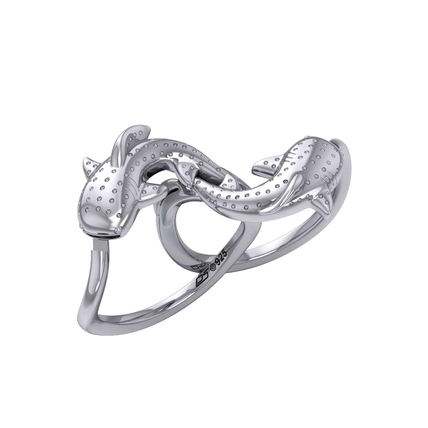 Marine Harmony Sterling Silver Whale Sharks Puzzle Ring by Peter Stone TRI2471 - Jewelry