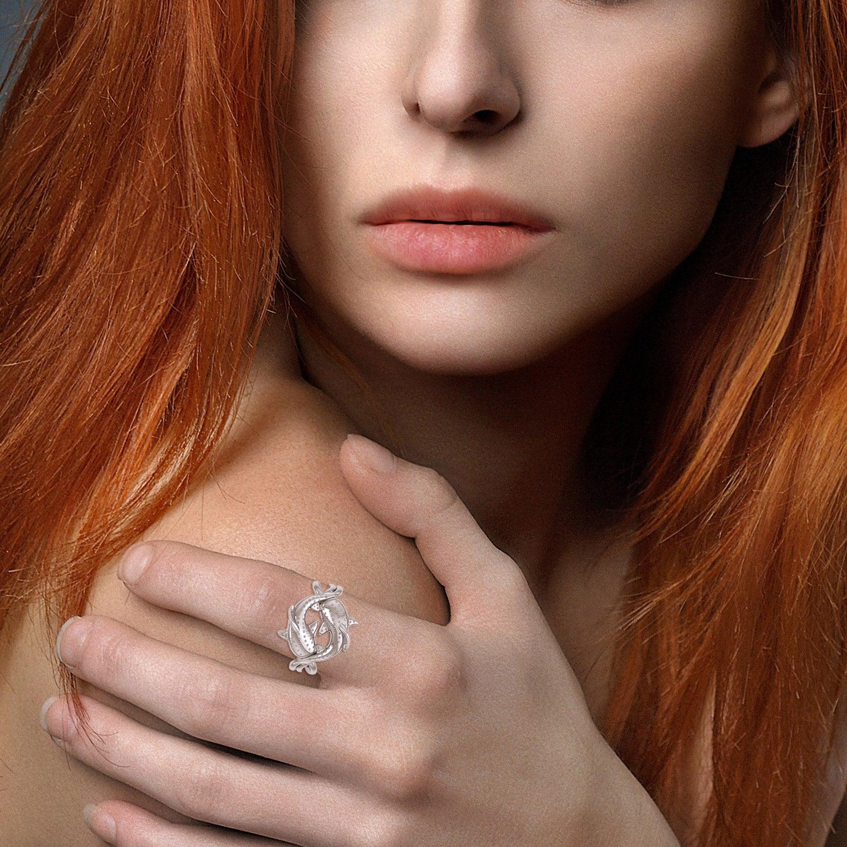 Marine Harmony Sterling Silver Whale Sharks Puzzle Ring by Peter Stone TRI2471 - Jewelry